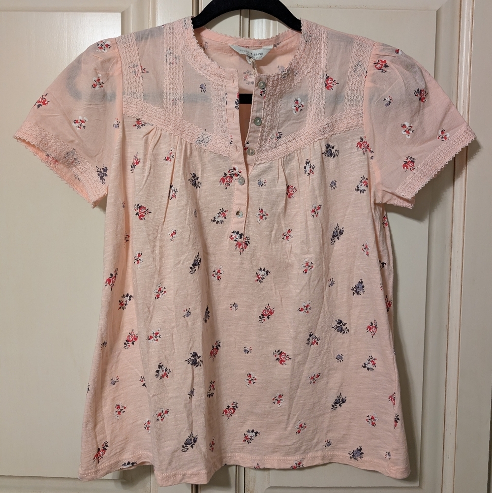 Lucky Brand Lace Trim Pink Floral Henley NWT